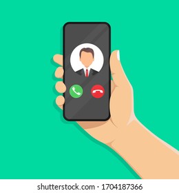 Incoming call on the smartphone screen with the image of the caller. Phone in a human hand. Vector illustration isolated on a green background. 10 eps