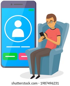Incoming call on smartphone screen. Man holds smartphone and takes call. Guy looks at screen of mobile device with application for communication. Male character with glasses uses mobile app on phone