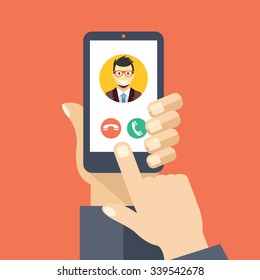 Incoming call on smartphone screen. Calling service. Hand holds smartphone, finger touch screen. Modern concept for web banners, web sites, infographics. Creative flat design vector illustration