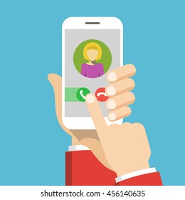 Incoming call on smartphone screen. One hand holds smartphone and finger touch screen. Flat vector illustration.