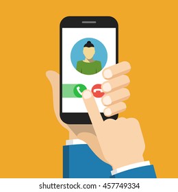 Incoming call on smartphone screen. Flat vector illustration.