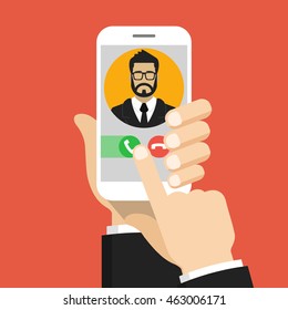 Incoming call on smartphone screen. One hand holds smartphone and finger touch screen. Male avatar. Flat vector illustration.