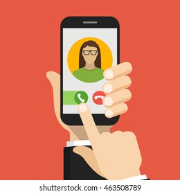 Incoming call on smartphone screen. One hand holds smartphone and finger touch screen. Female avatar. Flat vector illustration.