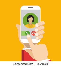 Incoming call on smartphone screen. One hand holds smartphone and finger touch screen. Female avatar. Flat vector illustration.
