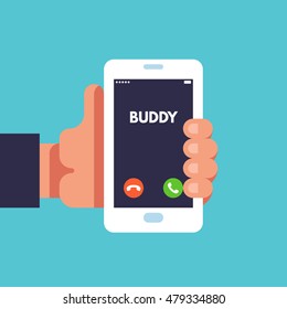 Incoming call on smartphone screen. Buddy, lifestyle. Hand holds smartphone. Vector flat illustration