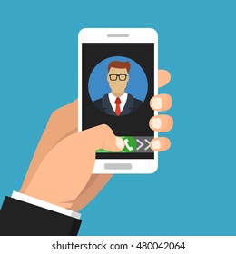 Incoming call on smartphone screen. One hand holds smartphone and finger touch screen. Male avatar. Flat vector illustration.