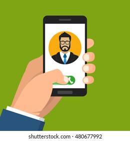 Incoming call on smartphone screen. One hand holds smartphone and finger touch screen. Male avatar. Flat vector illustration.