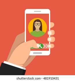Incoming call on smartphone screen. One hand holds smartphone and finger touch screen. Female avatar. Flat vector illustration.