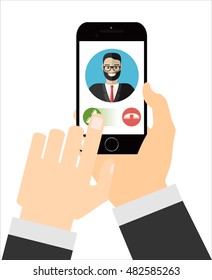 Incoming call on smartphone screen. Hand holds smartphone and finger touch screen. Male avatar. Flat vector illustration.