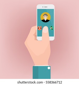 Incoming call on smartphone screen. Calling service. Hand holds smartphone, finger touch screen. Hand holding smartphone to call customer support. Female avatar on the screen.