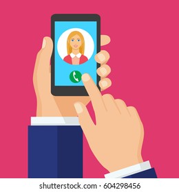 Incoming call on smartphone screen. Vector concept call to woman. and hold phone, finger touch sign in button. Female avatar. Vector flat illustration.