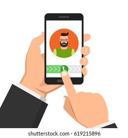 Incoming call on smartphone screen. One hand holds smartphone and finger touch screen. Male avatar. Flat vector illustration.