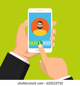 Incoming call on smartphone screen. One hand holds smartphone and finger touch screen. Male avatar. Flat vector illustration.
