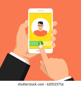 Incoming call on smartphone screen. One hand holds smartphone and finger touch screen. Male avatar. Flat vector illustration.