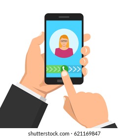 Incoming call on smartphone screen. One hand holds smartphone and finger touch screen. Female avatar. Flat vector illustration.