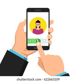 Incoming call on smartphone screen. One hand holds smartphone and finger touch screen. Female avatar. Flat vector illustration.