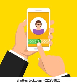 Incoming call on smartphone screen. One hand holds smartphone and finger touch screen. Female avatar. Flat vector illustration.