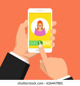 Incoming call on smartphone screen. One hand holds smartphone and finger touch screen. Female avatar. Flat vector illustration.