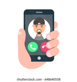 Incoming call on smartphone screen. One hand holds smartphone. Vector modern style cartoon character illustration icon male avatar design. Isolated on white background