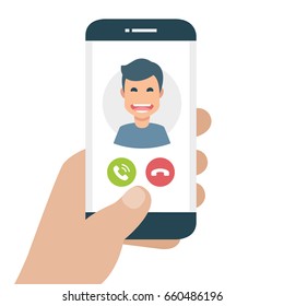 Incoming call on smartphone screen. Flat design vector illustration