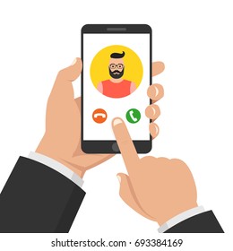 Incoming call on smartphone screen. One hand holds smartphone and finger touch screen. Male avatar. Flat cartoon style. Vector illustration.