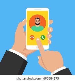 Incoming call on smartphone screen. One hand holds smartphone and finger touch screen. Male avatar. Flat cartoon style. Vector illustration.