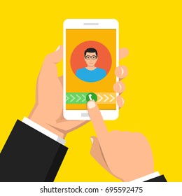 Incoming call on smartphone screen. One hand holds smartphone and finger touch screen. Male avatar. Flat vector illustration.