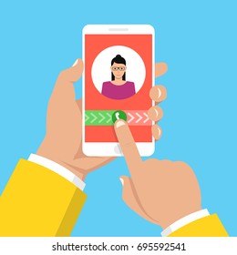 Incoming call on smartphone screen. One hand holds smartphone and finger touch screen. Female avatar. Flat cartoon style. Vector illustration.