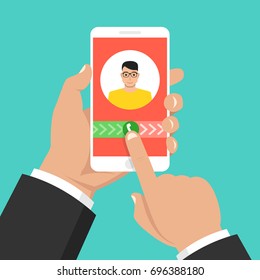 Incoming call on smartphone screen. One hand holds smartphone and finger touch screen. Male avatar. Flat cartoon style. Vector illustration.