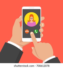 Incoming call on smartphone screen. One hand holds smartphone and finger touch screen. Female avatar. Flat cartoon style. Vector illustration.