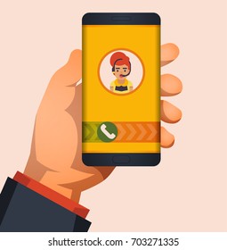 Incoming call on smartphone screen. Call center concept. Flat vector illustration.