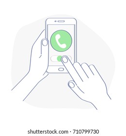 Incoming Call on Smartphone Screen, One hand holds Smartphone and Finger Touch Call Button on Screen. Receiving, Answer Phone Call Illustration Vector Concept,