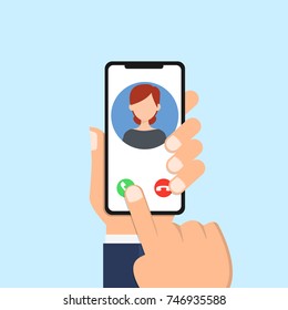 Incoming call on smartphone screen. Flat vector illustration.