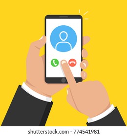 Incoming call on smartphone screen. One hand holds smartphone and finger touch screen. User icon. Vector illustration.