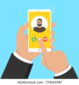 Incoming call on smartphone screen. One hand holds smartphone and finger touch screen. Male avatar. Vector illustration.