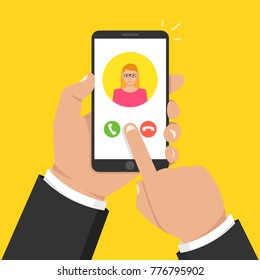 Incoming call on smartphone screen. One hand holds smartphone and finger touch screen. Female avatar.  Vector illustration.