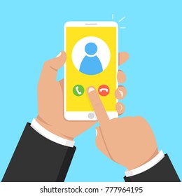 Incoming call on smartphone screen. One hand holds smartphone and finger touch screen. User icon. Vector illustration.