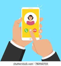 Incoming call on smartphone screen. One hand holds smartphone and finger touch screen. Female avatar.  Vector illustration.