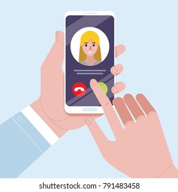 Incoming call on smartphone screen. Flat design vector illustration. Calling service. Modern concept for web banners, web sites, infographics. Creative flat design vector illustration