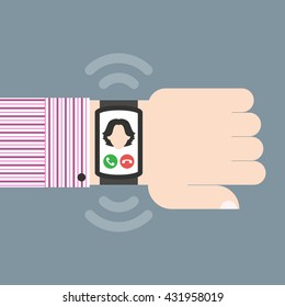 Incoming call on the SmartWatch on a businessman hand