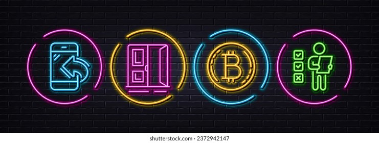 Incoming call, Open door and Bitcoin minimal line icons. Neon laser 3d lights. Voting ballot icons. For web, application, printing. Phone support, Entrance, Cryptocurrency coin. Vote checklist. Vector