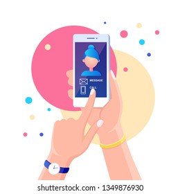 Incoming call. Person hold white mobile phone with calling service. Smartphone with message, call notification on screen. Female photo on display. Vector flat design