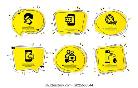 Llamada entrante, gesto de rotación e iconos de charla de fecha simple. Burbujas de habla amarilla con efecto de punto. Consejos rápidos, contraseña de teléfono y señalización de agua Tap. Soporte telefónico, Deshacer, la gente ama. Vector