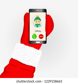 Incoming call to Santa Claus from little girl. Hand of Santa holding smartphone isolated cartoon character vector illustration