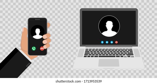 Incoming call to the screen of a laptop and smartphone, a person’s profile picture and buttons for accepting rejection. Vector illustration