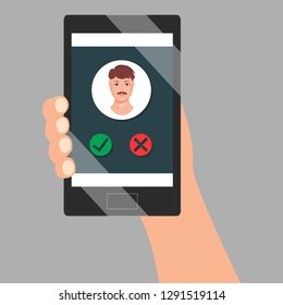 Incoming call screen on mobile phone holding in the hand. Calling on smartphone with telephone caller avatar, photo contact vector