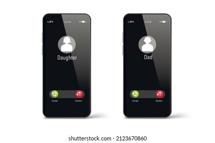 Incoming call screen on smartphone, daughter, dad. Interface, Accept, Reject buttons. Incoming call. Smartphone call screen template. copy space. Vector illustration