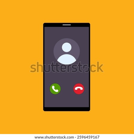 Incoming call screen on a smartphone. Flat style vector illustration depicting a smartphone displaying a generic user icon, indicating the caller and two buttons