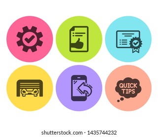 Incoming call, Service and Approved document icons simple set. Parking garage, Certificate and Quick tips signs. Phone support, Cogwheel gear. Technology set. Flat incoming call icon. Circle button