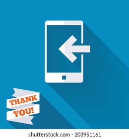 Incoming call sign icon. Smartphone symbol. White flat icon with long shadow. Paper ribbon label with Thank you text. Vector